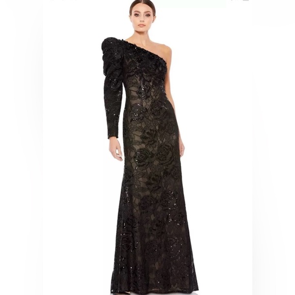 New Mac Duggal Sequin Floral Lace One-Shoulder Sheath Gown In Black Sz 8 $698